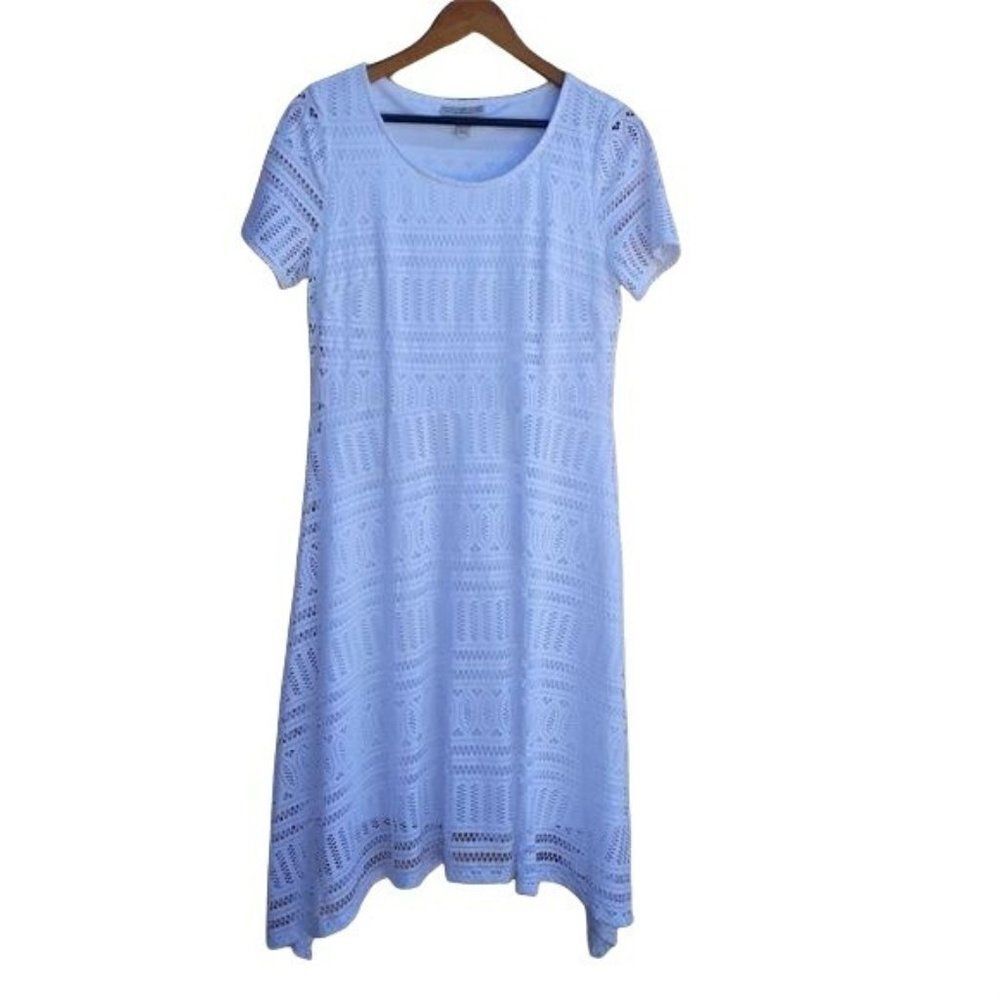 Dana Buchman Modest Boho Lace Short Sleeve‎ SharkBite Hem Midi Dress White Sz M